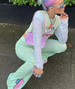 New Girl Order Tops POWERPUFF GIRLS LEOPARD PRINT FLARES - GREEN