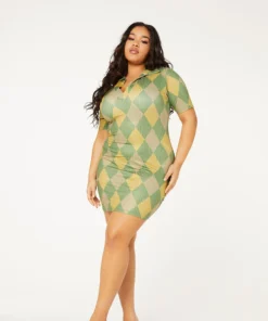 New Girl Order GREEN ARGYLE PRINT COLLAR RIBBED DRESS CURVE Tops