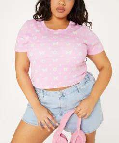 New Girl Order Tops BUTTERFLY MONOGRAM CROP LACE TEE CURVE