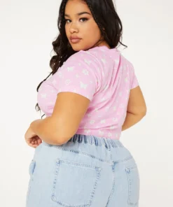 New Girl Order Tops BUTTERFLY MONOGRAM CROP LACE TEE CURVE