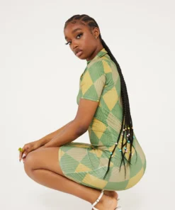 New Girl Order Tops GREEN ARGYLE PRINT COLLAR RIBBED DRESS