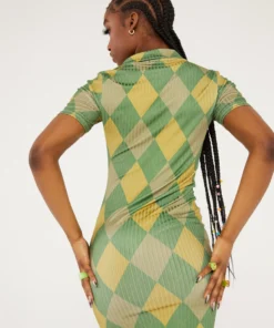 New Girl Order Tops GREEN ARGYLE PRINT COLLAR RIBBED DRESS
