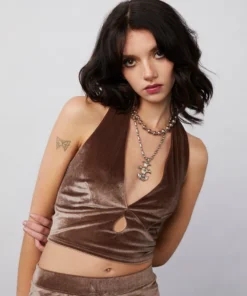 New Girl Order VELVET HALTER NECK TOP - MOCHA