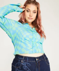 New Girl Order ABSTRACT BLUE CHECK SHIRT CURVE