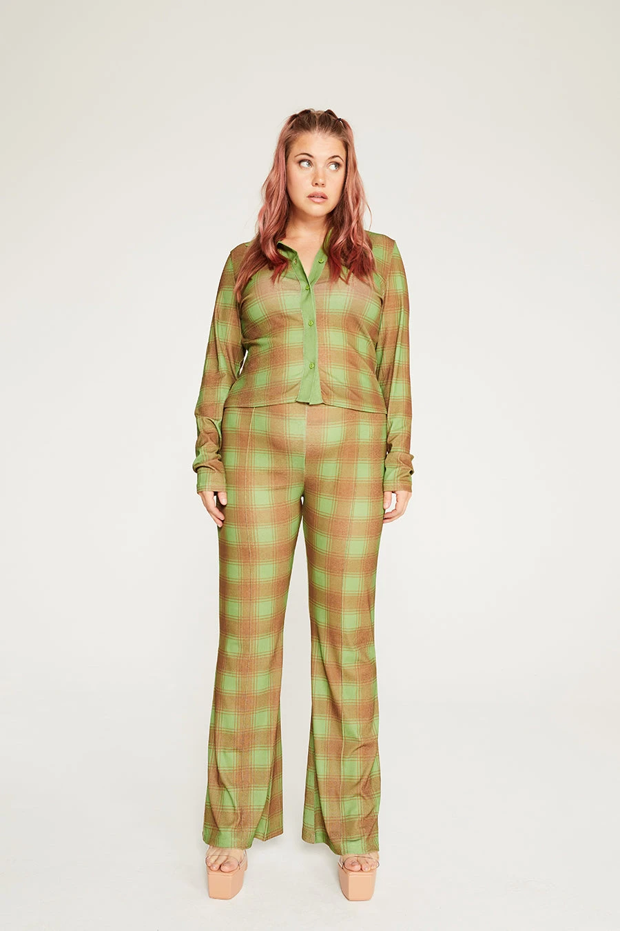 New Girl Order Tops GREEN ALL OVER PRINT CHECK FLARES CURVE 2 New Girl Order Tops GREEN ALL OVER PRINT CHECK FLARES CURVE