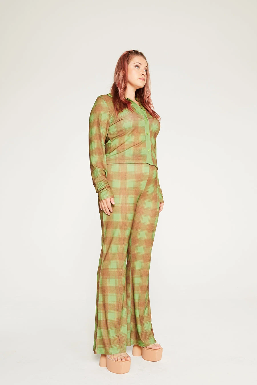 New Girl Order Tops GREEN ALL OVER PRINT CHECK FLARES CURVE 4 New Girl Order Tops GREEN ALL OVER PRINT CHECK FLARES CURVE