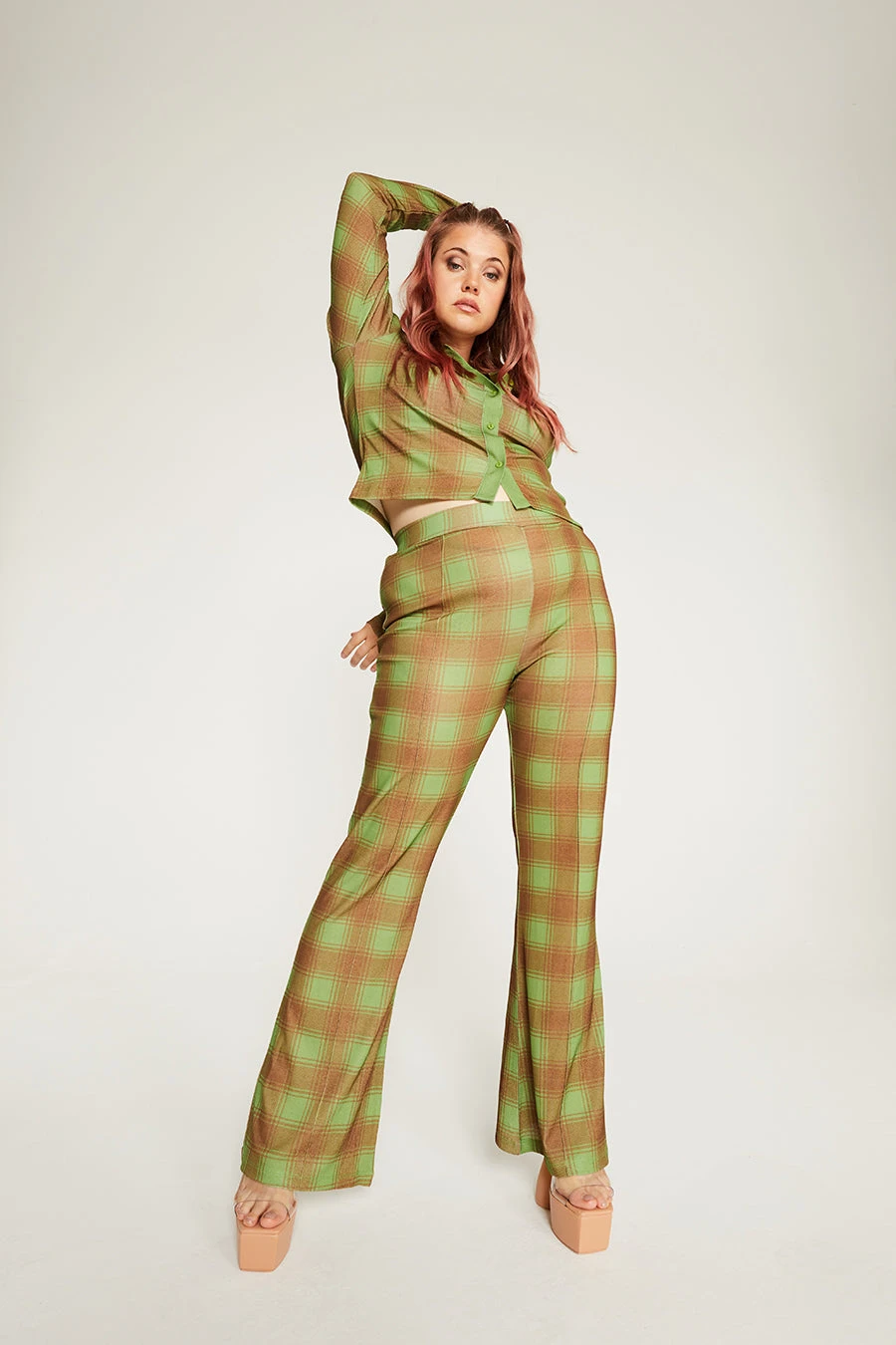 New Girl Order Tops GREEN ALL OVER PRINT CHECK FLARES CURVE 1 New Girl Order Tops GREEN ALL OVER PRINT CHECK FLARES CURVE