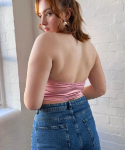 New Girl Order Tops STRETCH SATIN HALTER NECK TOP - PINK