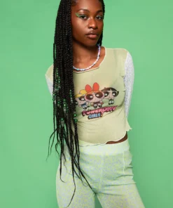 New Girl Order POWERPUFF GIRLS LEOPARD MESH TOP - GREEN