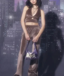 New Girl Order VELVET HALTER NECK TOP - MOCHA