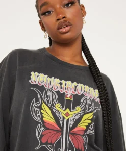 New Girl Order Butterfly Dagger Acid Wash Long Sleeved Top Tops