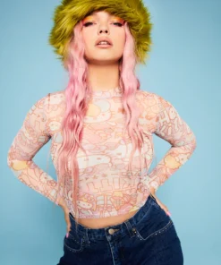 New Girl Order Hello Kitty Contrast Stitch Mesh Top Tops