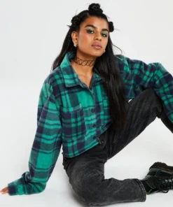 New Girl Order Check Fleece Crop Shirt