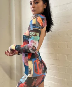New Girl Order NEW IN COLLAGE PRINT MESH CUT OUT BACK BODYCON DRESS