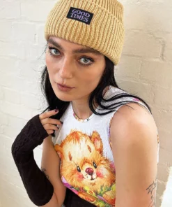 New Girl Order RIBBED BEANIE WITH GOOD TIMES BADGE DETAIL - CAMEL