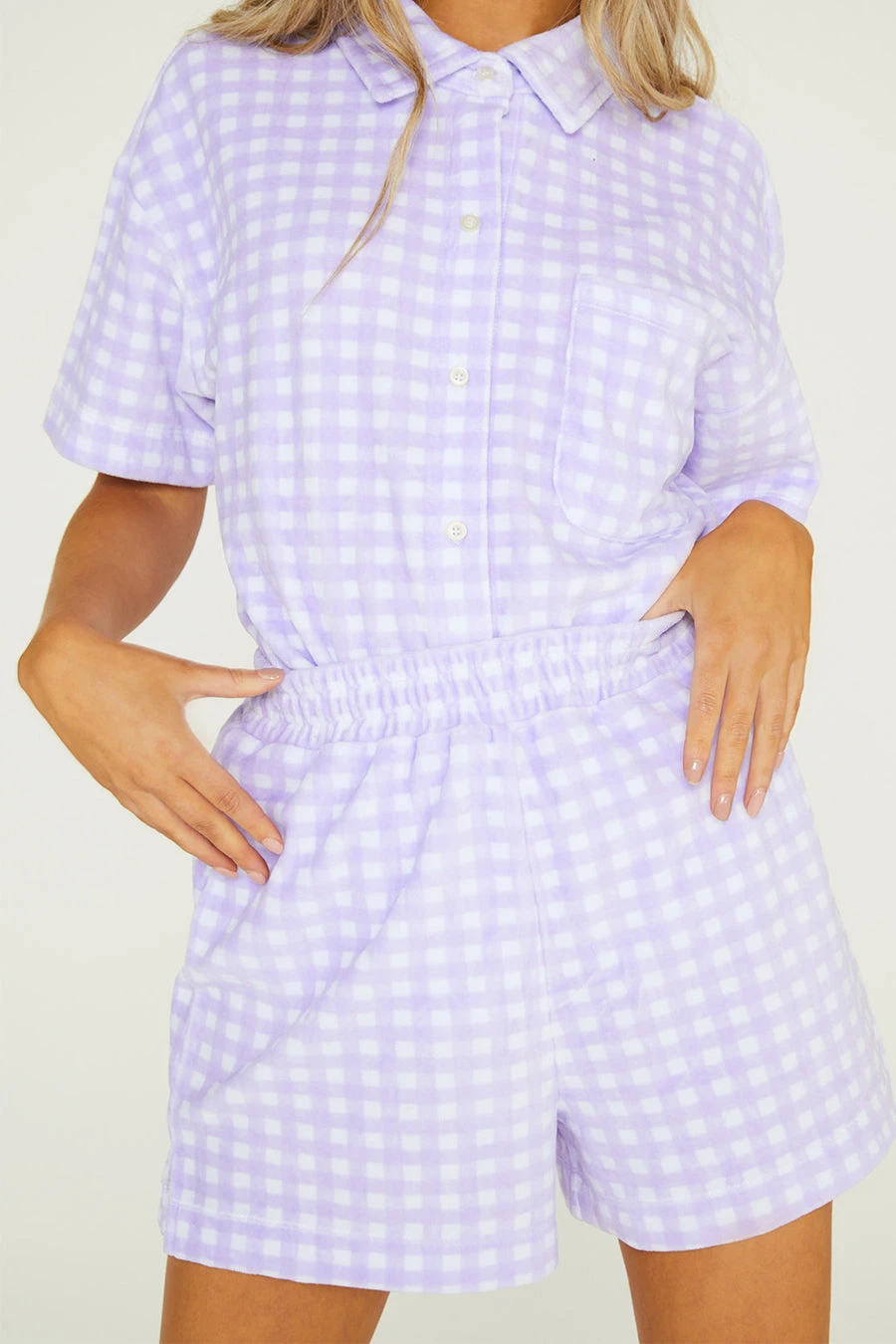 New Girl Order Lilac Gingham Velour Shorts 2 New Girl Order Lilac Gingham Velour Shorts