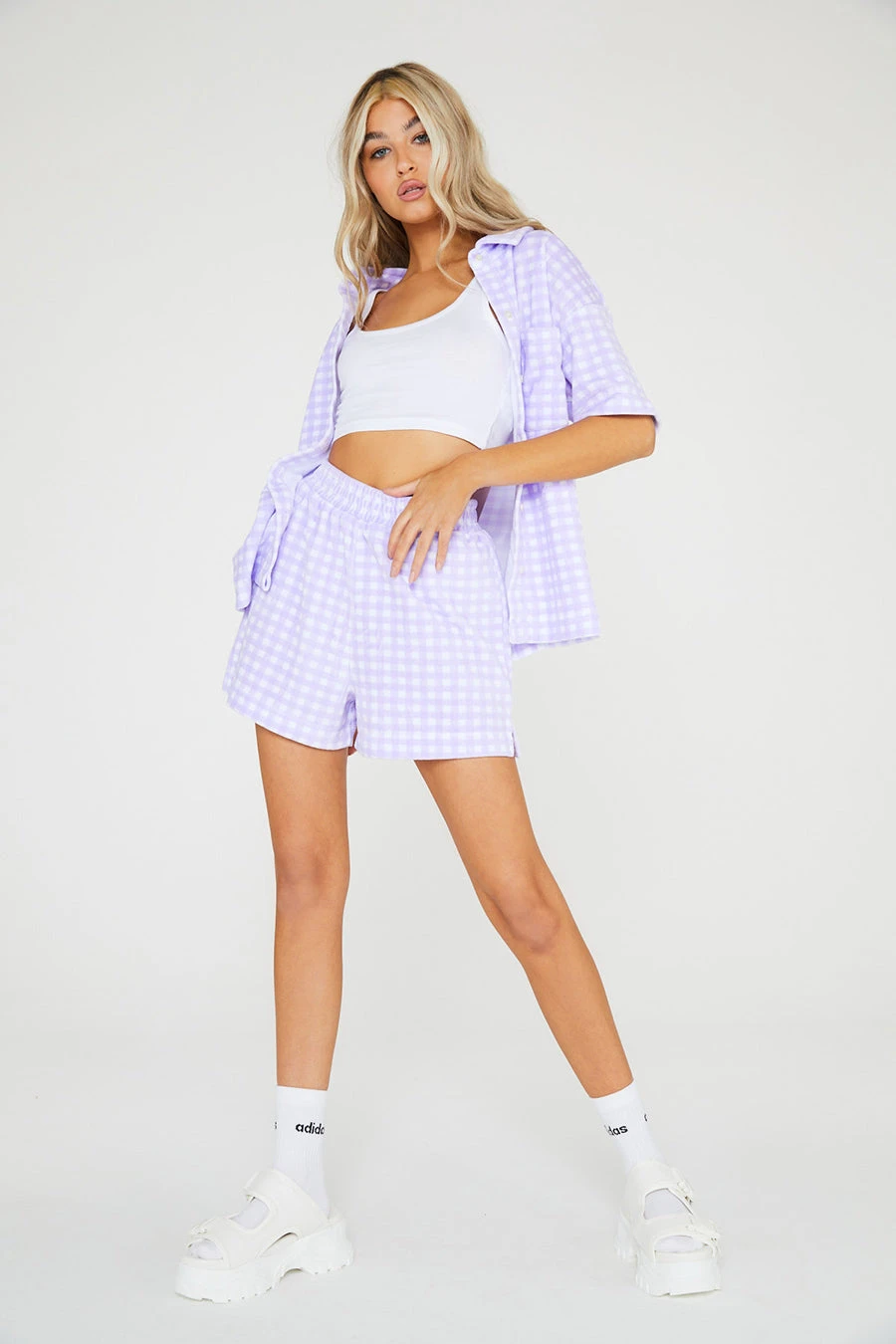 New Girl Order Lilac Gingham Velour Shorts 6 New Girl Order Lilac Gingham Velour Shorts